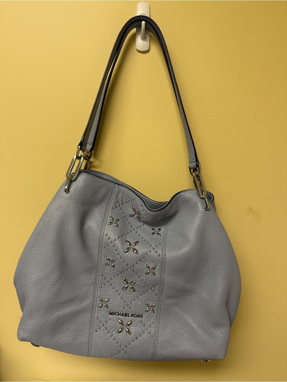 Michael Kors Blue Gray Leather Shoulder Hobo with Studded Floral Details
